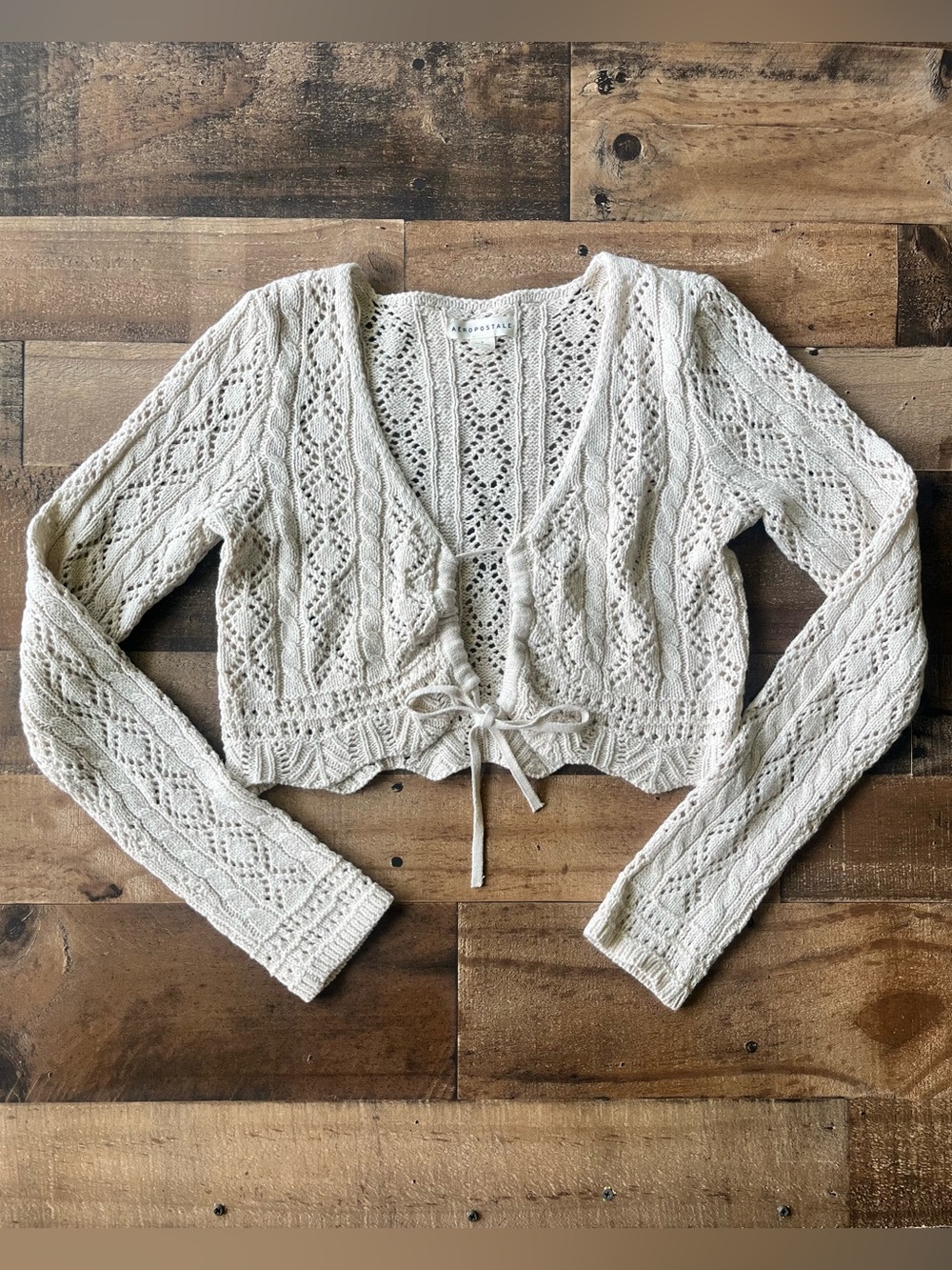 Women's Aeropostale Cropped Open-Knit Tie-Front Lace-Style Cardigan Sweater | S